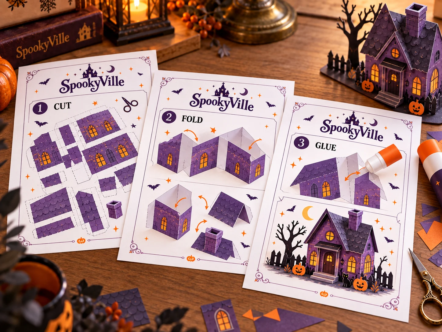Illustrated assembly guide with cutting, folding and gluing steps