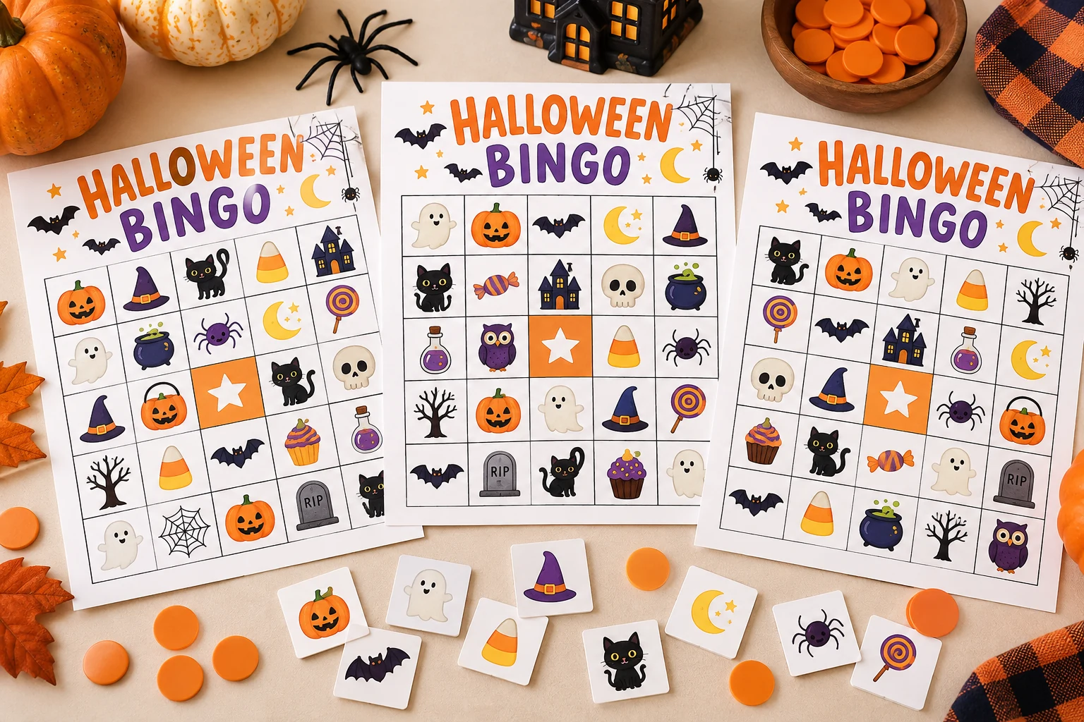 Illustrative Halloween bingo cards and calling pieces
