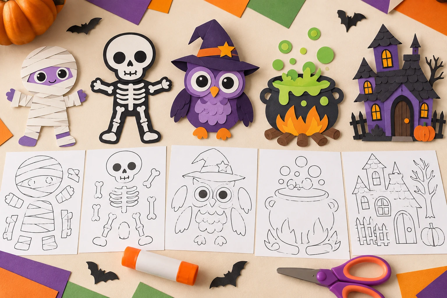 Illustrative mummy, skeleton, owl, cauldron and haunted house paper crafts