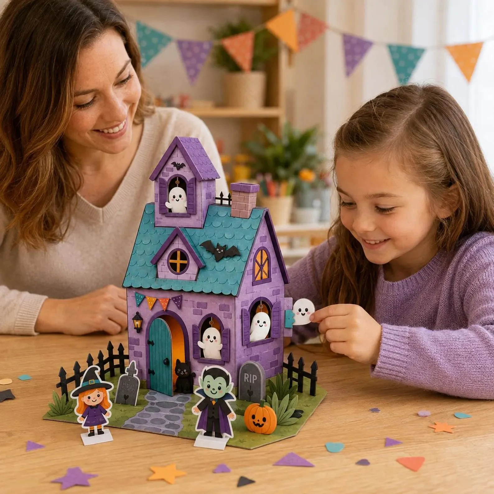 A mother and child decorating a paper Halloween house together