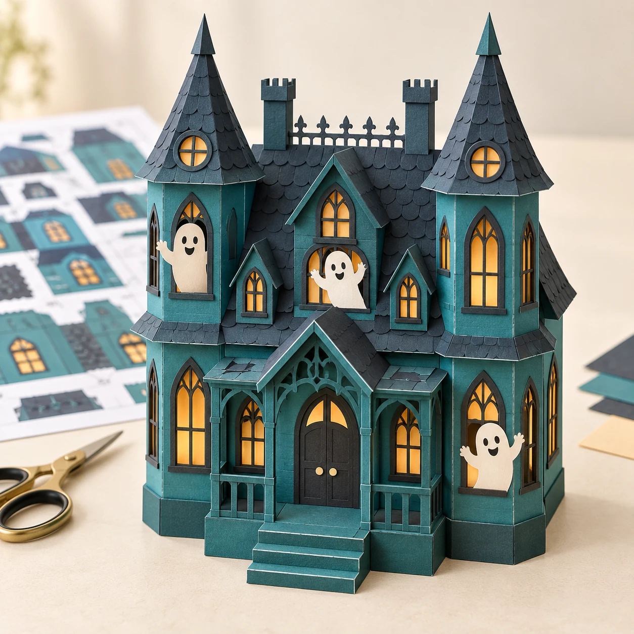 Teal paper mansion