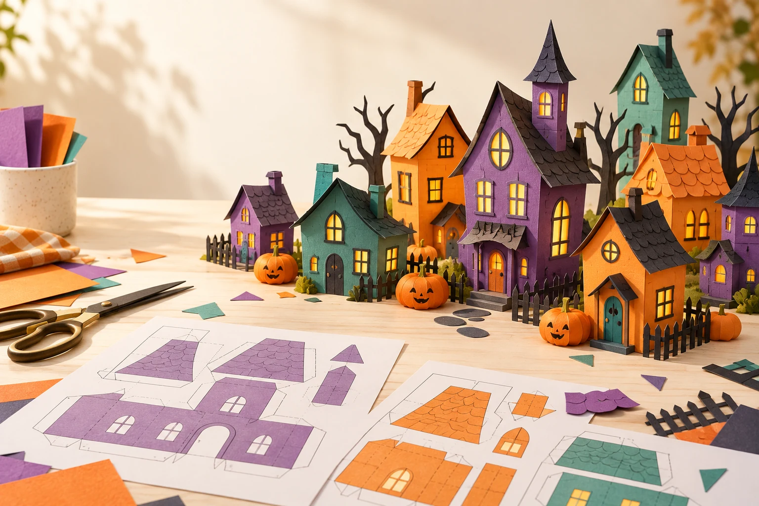 Colorful paper Halloween village and printed house templates on a craft table