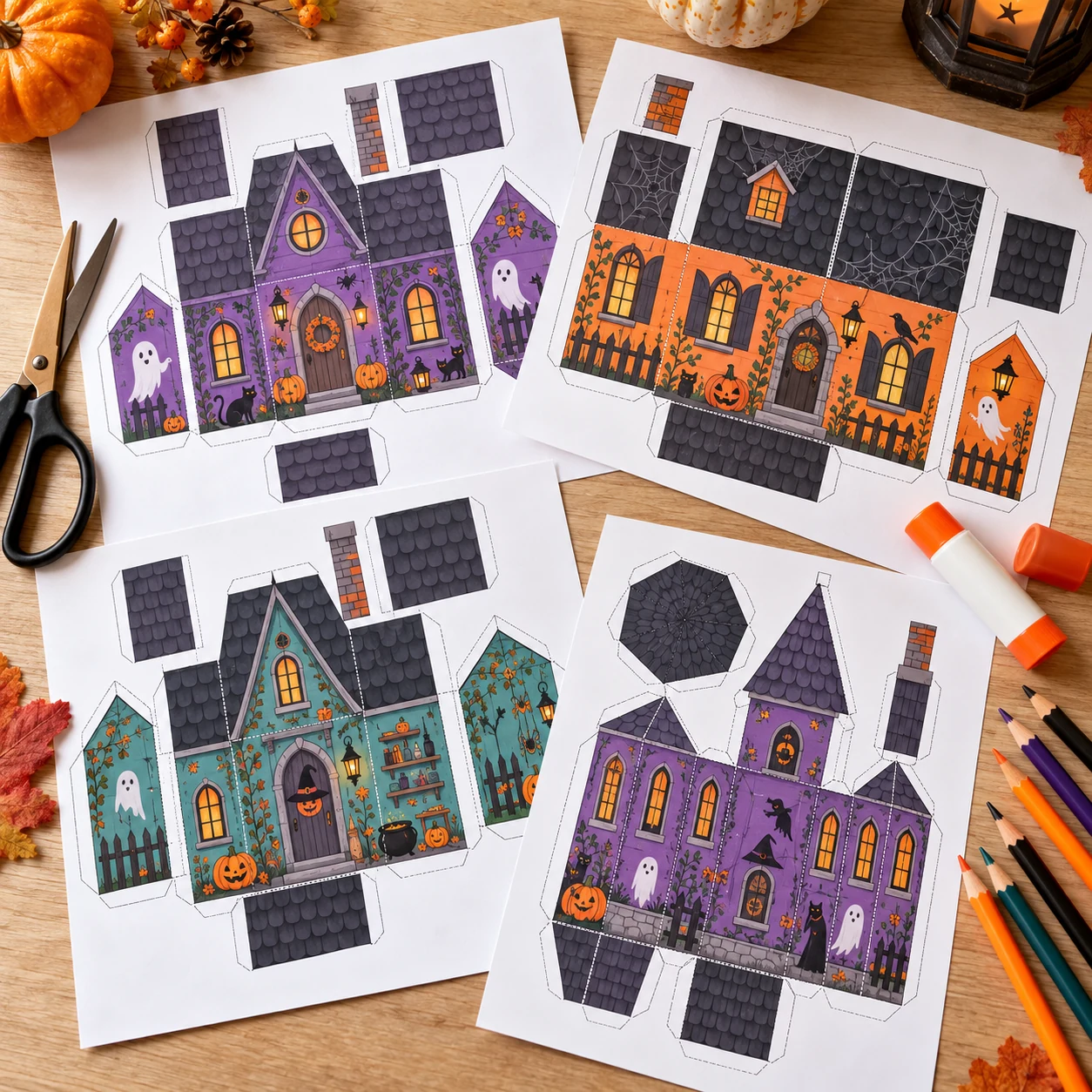 Printed paper house templates spread on a craft table