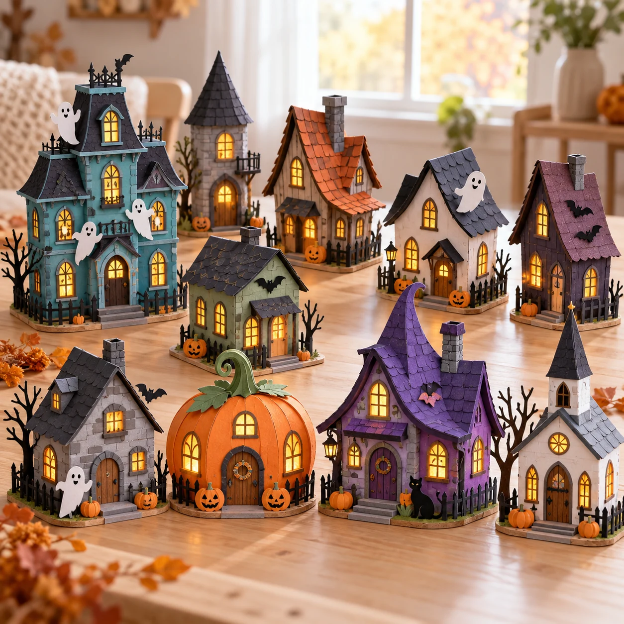 Complete village of ten paper Halloween houses
